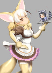 Rule 34 | +++, 2girls, :q, absurdres, alternate costume, animal ears, apron, blonde hair, blouse, blush, bow, bowtie, brown eyes, brown hair, center frills, closed mouth, common raccoon (kemono friends), enmaided, extra ears, fang, fennec (kemono friends), fox ears, fox girl, fox tail, frilled apron, frilled sleeves, frills, fur-trimmed sleeves, fur collar, fur trim, gloves, grey background, hakumaiya, hand on own hip, hand up, highres, kemono friends, layered sleeves, long sleeves, looking at another, looking at viewer, maid, maid apron, medium hair, mini person, minigirl, multicolored hair, multiple girls, open mouth, raccoon ears, raccoon girl, raccoon tail, shirt, short over long sleeves, short sleeves, simple background, sitting, size difference, skirt, smile, standing, tail, thighhighs, tongue, tongue out, tray, underbust, waist apron, white apron, white hair