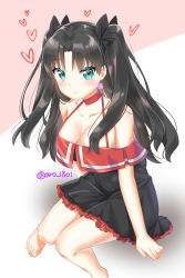 Rule 34 | 1girl, absurdres, aro 1801, artist name, bare shoulders, black dress, black hair, black ribbon, blush, choker, collarbone, commentary, dress, fate/grand order, fate (series), green eyes, hair ribbon, heart, highres, long hair, looking at viewer, red dress, ribbon, sitting, smile, solo, tohsaka rin, two side up