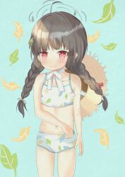 Rule 34 | 1girl, absurdres, bikini pull, blue archive, blush, braid, clothes pull, hair ornament, halo, hat, highres, leaf, leaf background, leaf print, long hair, looking at viewer, miyu (blue archive), miyu (swimsuit) (blue archive), navel, ribbon, solo, straw hat, swimsuit, twin braids, twintails, user zdaf4448