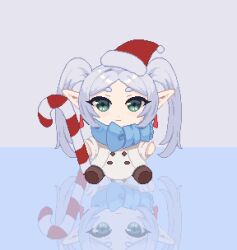 Rule 34 | 1girl, blue scarf, brown footwear, candy, candy cane, chibi, closed mouth, commentary, food, frieren, full body, green eyes, grey background, hat, highres, holding, holding candy, holding candy cane, holding food, long hair, long sleeves, looking at viewer, michael lamore, pixel art, pointy ears, pom pom (clothes), red hat, reflective floor, santa hat, scarf, simple background, sitting, smile, solo, sousou no frieren, twintails