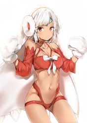 Rule 34 | 1girl, altera (fate), altera the santa (fate), bad id, bad pixiv id, bare shoulders, blush, breasts, choker, cleavage, closed mouth, collarbone, cowboy shot, dark-skinned female, dark skin, detached sleeves, earmuffs, fate/grand order, fate (series), gluteal fold, groin, hands up, headband, highres, legs apart, light frown, long sleeves, looking at viewer, medium breasts, midriff, mittens, navel, red choker, red eyes, revealing clothes, santa costume, shiny skin, short hair, sidelocks, silver (chenwen), silver hair, simple background, skindentation, solo, standing, stomach, swept bangs, thighs, veil, w arms, white background, white mittens