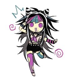 1girl @_@ ^^^ arm_up asymmetrical_legwear black_skirt blue_hair bracelet chengangtie commentary_request danganronpa_(series) danganronpa_2:_goodbye_despair drooling full_body hair_horns hair_intakes highres jewelry leggings long_hair mioda_ibuki multicolored_hair neckerchief outstretched_arm piercing pink_eyes pink_hair pink_neckerchief school_uniform serafuku simple_background skirt solo standing standing_on_one_leg torn_clothes torn_leggings very_long_hair white_background