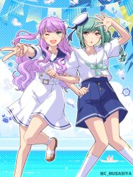 2girls :o ;d absurdres anchor_symbol aqua_eyes aqua_hair aqua_neckerchief bird blue_sailor_collar blue_shorts blue_sky blunt_bangs blush braid clenched_hand collarbone dress feet_out_of_frame hat high-waist_shorts highres leg_up locked_arms long_hair looking_at_viewer love_live! love_live!_superstar!! midriff_peek multiple_girls musashiya_chougenbou neckerchief one_eye_closed onitsuka_tomari open_hand open_mouth pink_eyes pink_neckerchief polka_dot polka_dot_background purple_hair sailor sailor_collar sailor_dress sandals seagull shirt short_sleeves shorts side_braid sidelocks sky smile socks star_(symbol) tilted_headwear twitter_username v wavy_hair white_dress white_hat white_sailor_collar white_shirt white_socks wien_margarete