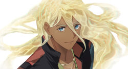 Rule 34 | 1boy, 1girl, asticassia school uniform, bad id, bad pixiv id, bare pectorals, blonde hair, clothing cutout, dark-skinned male, dark skin, gold necklace, green jacket, gundam, gundam suisei no majo, hair between eyes, jacket, jewelry, long hair, long sleeves, looking at viewer, necklace, open clothes, open jacket, pectorals, ru (slamber), sand, school uniform, shaddiq zennelli, solo, upper body