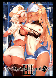 Rule 34 | 2girls, :d, ahoge, ass, asymmetrical docking, baton, between breasts, black footwear, black panties, black rock shooter, blonde hair, boots, breast press, breasts, breasts out, chariot (black rock shooter), club (weapon), contrapposto, cover, cover page, cowboy shot, crop top, dark-skinned female, dark skin, denim, denim shorts, fang, gloves, hair between eyes, highleg, highleg panties, large breasts, light areolae, long hair, looking back, m-da s-tarou, midriff, miniskirt, multiple girls, navel, necktie, necktie between breasts, nipples, one-piece tan, open mouth, open pants, panties, pants, red eyes, shirt, short shorts, shorts, skindentation, skirt, smile, strength (black rock shooter), sweat, tan, tanline, tattoo, thigh boots, thighhighs, torn clothes, torn shirt, twintails, underwear, v, very long hair, visor cap, white gloves, white hair, wristband