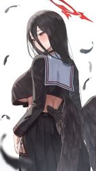 Rule 34 | 1girl, black choker, black serafuku, black skirt, black thighhighs, black wings, blue archive, blush, breasts, choker, closed mouth, commentary request, feathers, from behind, hair between eyes, halo, hasumi (blue archive), large breasts, long hair, looking at viewer, midriff, mole, mole under eye, mosaic0614, pleated skirt, red eyes, red halo, sailor collar, school uniform, serafuku, simple background, skirt, solo, thighhighs, underboob, white background, white sailor collar, wings