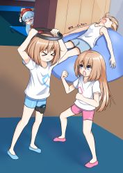 Rule 34 | &gt; &lt;, &gt;o&lt;, 4girls, absurdres, alternate costume, arms up, bare legs, bike shorts, blanc (neptunia), blue eyes, blue hair, blue shorts, blush, brown hair, cheering, closed eyes, exercising, exhausted, facing viewer, full body, hands up, headband, highres, indoors, legs apart, long hair, looking at another, lying, medium hair, multiple girls, neptune (series), nishizawa mina, on back, outstretched arms, peeking, pink shorts, ram (neptunia), ring fit adventure, rom (neptunia), shirt, shorts, standing, thisisrals, very long hair, white shirt