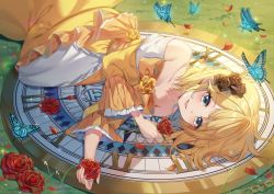 Rule 34 | 1girl, absurdres, aku no musume (vocaloid), bare shoulders, blonde hair, blue butterfly, blue eyes, breasts, bug, butterfly, cleavage, clock, collarbone, dress, evillious nendaiki, eyelashes, flower, frilled dress, frilled sleeves, frills, grass, hair down, highres, bug, kagamine rin, light particles, lying, on side, petals, ranchan12, red flower, red rose, riliane lucifen d&#039;autriche, roman numeral, rose, smile, solo, vocaloid, yellow dress