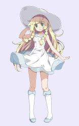Rule 34 | 1girl, :&lt;, bare arms, bare shoulders, blonde hair, blush, braid, closed mouth, commentary, creatures (company), dress, female focus, frown, full body, game freak, green eyes, hat, highres, lillie (pokemon), long hair, looking at viewer, nintendo, pigeon-toed, pokemon, pokemon sm, purple background, simple background, sleeveless, sleeveless dress, solo, standing, sun hat, sundress, tsukishiro saika, twin braids, white dress, white footwear, white hat