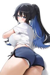 Rule 34 | 1girl, 72 chiri, absurdres, ass, black bra, black hair, blue eyes, blue hair, blue shorts, blush, bra, breasts, closed mouth, commentary request, dolphin shorts, hair between eyes, highres, korean commentary, large breasts, long hair, looking at viewer, mole, mole under eye, multicolored hair, original, panties, panties under shorts, panty peek, ponytail, see-through, see-through shirt, shirt, short shorts, short sleeves, shorts, simple background, solo, standing, thick thighs, thighs, two-tone hair, underwear, white background, white panties, white shirt