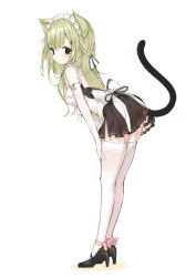 Rule 34 | 1girl, absurdres, animal ears, back bow, black dress, black eyes, black footwear, blush, bow, breasts, cat ears, cat girl, cat tail, closed mouth, colored shadow, commentary, dress, elbow gloves, full body, garter straps, gloves, green hair, hair ornament, hairclip, high heels, highres, leaning forward, long hair, looking at viewer, looking to the side, medium breasts, original, pink bow, pleated dress, shadow, shoes, simple background, solo, standing, tail, tail raised, thighhighs, very long hair, white background, white bow, white gloves, white thighhighs, yuui hutabakirage