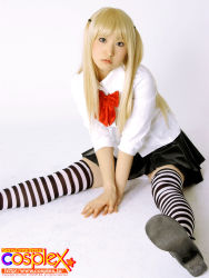Rule 34 | amane misa, blonde hair, blouse, blue eyes, bow, cosplay, cosplay photo, cosplex, death note, head tilt, highres, photo (medium), shirt, sitting, skirt, solo, striped clothes, striped thighhighs, thighhighs, thighs, twintails, zettai ryouiki