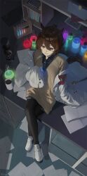 Rule 34 | 1girl, agnes tachyon (umamusume), ahoge, animal ears, beaker, black necktie, black pantyhose, black shirt, book, bottle, brown eyes, brown hair, brown sweater, coat, commentary request, crossed legs, etzuxi, flask, from above, full body, glowing liquid, grin, hair between eyes, highres, holding, holding test tube, horse ears, horse girl, lab coat, long hair, long sleeves, necktie, off shoulder, open book, open clothes, open coat, pantyhose, paper, shirt, shoes, sitting, sitting on table, sleeves past fingers, sleeves past wrists, smile, solo, sweater, test tube, umamusume, white coat, white footwear, wide sleeves