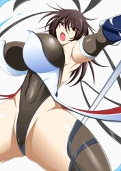 Rule 34 | 1girl, bare shoulders, breasts, cameltoe, covered erect nipples, covered navel, curvy, female focus, hair ribbon, high heels, highleg, highleg leotard, huge breasts, leotard, looking at viewer, mizuki shiranui, nipples, open mouth, partially visible vulva, red eyes, ribbon, shiny skin, simple background, solo, standing, taimanin (series), taimanin yukikaze, thick thighs, thighhighs, thighs, thong leotard, weapon, wide hips
