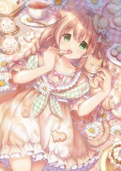 Rule 34 | 1girl, :3, :d, animal, animal ears, blanket, blush, bow, braid, brown hair, cake, cat, cat ears, cat girl, cat tail, cookie, cream puff, cup, daisy, dress, dress bow, fang, floral print, flower, food, frilled dress, frills, green eyes, hair ribbon, hands up, hat, hat flower, hat ribbon, holding, holding food, kemamire, long hair, looking at viewer, lying, macaron, mini hat, multicolored hair, on back, open mouth, orange cat, original, petticoat, plaid blanket, plaid shawl, plate, ribbon, saucer, shawl, smile, solo, spoon, streaked hair, sun hat, swiss roll, tail, teacup, twin braids, two-tone hair, white hair