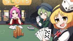 Rule 34 | 1other, 2girls, absurdres, adjusting clothes, adjusting gloves, black vest, blonde hair, blush, bottle, bow, bowtie, breasts, card, casino, casino card table, closed mouth, collared shirt, commentary, dice hair ornament, english commentary, ferdy&#039;s lab, gambling, gloves, green eyes, green hair, green headwear, green jacket, hair ornament, hair ribbon, hairband, highres, holding, holding smoking pipe, instrument, jacket, japanese clothes, kimono, kiseru, komakusa sannyo, len&#039;en, long hair, long sleeves, looking at viewer, medium breasts, multiple girls, one eye closed, open mouth, piano, playing card, poker table, ponytail, puffy short sleeves, puffy sleeves, purple hair, red bow, red bowtie, red eyes, red kimono, ribbon, shirt, short hair, short sleeves, slot machine, smile, smoking pipe, table, touhou, vest, white gloves, white shirt, wide sleeves, xeno a, yamashiro takane, yellow eyes, yellow ribbon