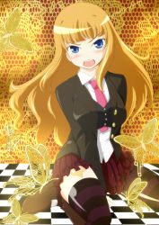Rule 34 | 1girl, alternate hairstyle, beatrice (umineko), blonde hair, blue eyes, blush, boots, breasts, bug, butterfly, checkered floor, floor, highres, insect, kneeling, large breasts, miniskirt, necktie, perspective, pink necktie, skirt, solo, striped clothes, striped thighhighs, tamakko, thighhighs, umineko no naku koro ni, vest, zettai ryouiki