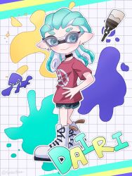 Rule 34 | 1girl, aqua eyes, aqua hair, aqua trim, black shorts, boots, closed mouth, commentary, cross-laced footwear, dolphin shorts, earrings, eyebrow cut, eyelashes, full body, glasses, grid background, highres, inkling, inkling girl, inkling player character, jewelry, medium hair, nintendo, octobrush (splatoon), paint splatter, pointy ears, print shirt, red shirt, shirt, short shorts, shorts, simple background, smile, solo, splatoon (series), splatoon 3, standing, tentacle hair, thick eyebrows, tonbofree, white background, white footwear, zipcaster (splatoon)