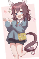 Rule 34 | 1girl, :d, alternate costume, animal ears, bag, black shorts, blue eyes, blue shirt, blush, brown hair, collared shirt, commentary request, flower, hair between eyes, hair flower, hair ornament, hands up, highres, horse ears, horse girl, horse tail, kindergarten bag, kindergarten uniform, long sleeves, looking at viewer, open mouth, paw pose, pink background, puffy long sleeves, puffy sleeves, red flower, sakura chiyono o (umamusume), shirt, shoes, short shorts, shorts, smile, socks, solo, standing, standing on one leg, sunanuko (ramuneko), tail, two-tone background, umamusume, uwabaki, white background, white flower, white footwear, white socks