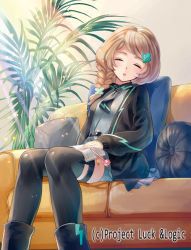 Rule 34 | 10s, 1girl, black footwear, black jacket, black necktie, black thighhighs, book, boots, braid, brown hair, closed eyes, clover, clover hair ornament, copyright name, couch, cushion, four-leaf clover, hair ornament, hand on own thigh, indoors, jacket, knees together feet apart, leaning to the side, long hair, luck &amp; logic, nanahoshi yukari, necktie, official art, open book, open mouth, pencil, pillow, plant, side braid, single braid, sitting, sleeping, solo, sunlight, tamaki mitsune, thighhighs, thighlet, watermark, yamadaokutarou