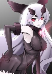 Rule 34 | 10s, 1girl, abyssal ship, anchorage oni, armpits, bare shoulders, black dress, breasts, colored skin, dress, elbow gloves, gloves, glowing, grey background, hair ornament, hassen (8cm), horns, kantai collection, long hair, looking back, looking to the side, open mouth, overskirt, pale skin, red eyes, simple background, solo, white hair, white skin
