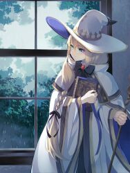 Rule 34 | 1girl, black bow, black bowtie, black ribbon, blonde hair, book, bow, bowtie, brooch, cape, closed mouth, fate/grand order, fate (series), forest, glasses, gold trim, green eyes, hair over shoulder, hair ribbon, hand up, hat, highres, holding, holding book, holding staff, indoors, jewelry, long hair, long sleeves, looking outside, looking to the side, low-braided long hair, low-tied long hair, nature, papukin, rain, red brooch, ribbon, robe, round eyewear, solo, staff, striped, aesc (fate), two-sided cape, two-sided fabric, two-sided headwear, water drop, white cape, white hat, white robe, wide brim, wide sleeves, window, witch hat