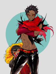 Rule 34 | 1boy, 1girl, abs, aged down, alternate color, angry, bad id, bad pixiv id, belt buckle, black hair, black pants, buckle, clenched teeth, collar, colored sclera, covering own mouth, cowboy shot, crossed arms, d:, d:&lt;, dark-skinned male, dark persona, dark skin, earrings, fur trim, genderswap, genderswap (mtf), gloves, grey background, groin, highres, humanization, jacket, jewelry, long sleeves, looking at viewer, midriff, multicolored hair, navel, open clothes, open jacket, open mouth, pants, papyrus (undertale), peeking out, personification, red gloves, red hair, red scarf, red sclera, sans (undertale), scar, scar across eye, scar on face, scarf, sharp teeth, shiny clothes, short hair, siblings, slit pupils, teeth, topless male, torn clothes, torn scarf, torn sleeves, two-tone hair, underfell, undertale, v-shaped eyebrows, wide sleeves, yamtteng, yellow eyes