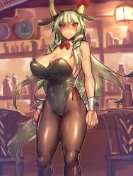 Rule 34 | 1girl, animal ears, arms at sides, bar (place), bare shoulders, black leotard, black pantyhose, blush, bow, bowtie, breasts, chair, cleavage, covered navel, curvy, detached collar, embarrassed, ex-keine, fake animal ears, frown, green hair, highleg, highleg leotard, highres, horn ornament, horn ribbon, horns, indoors, kamishirasawa keine, large breasts, leotard, long hair, looking at viewer, melon22, nose blush, pantyhose, playboy bunny, rabbit ears, red bow, red bowtie, red eyes, ribbon, solo, standing, strapless, strapless leotard, sweatdrop, thick thighs, thighs, toned, touhou, tsurime, very long hair, wrist cuffs