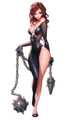 Rule 34 | 1girl, absurdres, ball and chain (weapon), bare shoulders, bodysuit, breasts, brown hair, cleavage, flail, full body, hades (herowarz), hero warz, herowarz, highres, hip focus, legs, lips, long hair, looking at viewer, medium breasts, mulin, narrow waist, parted lips, purple eyes, shiny skin, skindentation, solo, spiked ball and chain, standing, swept bangs, thighs, transparent background, walking, weapon, white background, wide hips