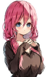 Rule 34 | 1girl, :o, black shirt, blue eyes, breasts, commentary request, hair between eyes, hair over shoulder, long hair, long sleeves, looking at viewer, low twintails, medium breasts, original, parted lips, piyokichi, red hair, shirt, simple background, sketch, sleeves past wrists, solo, steepled fingers, twintails, upper body, white background