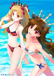 Rule 34 | 2girls, alternate costume, ass, bandeau, bare arms, bare legs, bare shoulders, bikini, black ribbon, blonde hair, blush, breasts, brown hair, butt crack, cleavage, collarbone, commentary request, dual persona, earrings, ereshkigal (fate), fate/grand order, fate (series), female focus, from above, hair ornament, hair ribbon, ishtar (fate), jewelry, legs, long hair, looking at viewer, looking up, medium breasts, midriff, multiple girls, navel, neck, orange eyes, parted bangs, red bikini, red eyes, red ribbon, ribbon, shirotsumekusa, side-tie bikini bottom, small breasts, smile, standing, strapless, strapless bikini, swimsuit, thighs, tohsaka rin, two side up, type-moon, walking, water, white bikini