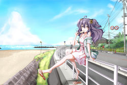 Rule 34 | 1girl, ahoge, bare legs, barefoot, beach, building, cat hair ornament, cloud, day, drawstring, dress, eating, feet, fence, flip-flops, flower, food, foot dangle, from side, full body, hair between eyes, hair flower, hair ornament, highres, holding, holding food, horizon, jacket, jacket off shoulders, kuroneko (fragrant olive), long hair, looking at viewer, motor vehicle, motorcycle, no socks, ocean, off shoulder, on railing, open clothes, open jacket, original, outdoors, outstretched leg, pink dress, pink eyes, plant, popsicle, power lines, purple eyes, purple hair, railing, road, road sign, sandals, shoe dangle, shoes, sign, single shoe, sitting, sky, sleeveless, sleeveless dress, solo focus, spaghetti strap, sundress, traffic cone, two side up, utility pole, vehicle, water
