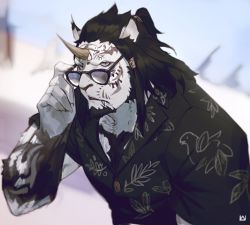Rule 34 | 1boy, adjusting eyewear, animal ears, animal nose, belov w, black fur, black hair, black shirt, blurry, blurry background, body fur, buttons, collared shirt, commentary request, day, dress shirt, fang, fang out, final fantasy, final fantasy xiv, furry, furry male, glasses, grey fur, hand on eyewear, hand up, horns, hrothgar, korean commentary, long hair, male focus, mature male, medium hair, multicolored fur, muscular, muscular male, outdoors, pectoral cleavage, pectorals, shirt, short sleeves, single horn, snout, solo, upper body, warrior of light (ff14), white fur