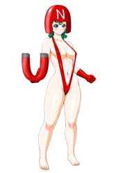 Rule 34 | barefoot, blue eyes, blush, breasts, chunsoft, cosplay, curly hair, downtown no gottsu ee kanji, dragon quest, dragon quest iv, earrings, enix, frown, gloves, green hair, helmet, heroine (dq4), jewelry, magnet, short hair, sideboob, slingshot swimsuit, solo, somaria, swimsuit
