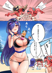 Rule 34 | &gt; &lt;, 3girls, ahoge, azur lane, beach, belly chain, between breasts, bikini, black bikini, black bow, blue ribbon, blue sky, bow, bracelet, breasts, bubble tea challenge, chibi, choker, cleavage, comic, commentary request, curvy, day, dessert, eating, eyewear on head, feeding, fighting, food, goggles, goggles on head, hair ornament, hair over one eye, hair ribbon, hat, highres, hip focus, hm (hmongt), holding, holding spoon, honolulu (azur lane), honolulu (summer accident?!) (azur lane), hose, ice cream, jewelry, large breasts, long hair, look-alike, multi-strapped bikini, multiple girls, navel, o-ring, o-ring bikini, ocean, open mouth, orange eyes, pout, red hair, ribbon, sand, shore, side ponytail, sideboob, sky, spoon, stomach, straw hat, sundae, sunglasses on head, swimsuit, thighs, trento (azur lane), trento (summer&#039;s hotness?) (azur lane), twintails, very long hair, zara (azur lane), zara (poolside coincidence) (azur lane)