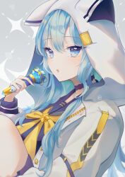 Rule 34 | 1girl, aftergardens, blue eyes, blue hair, blue nails, bow, detached collar, highres, holding, holding microphone, hololive, hood, hoodie, hoshimachi suisei, hoshimachi suisei (school uniform), looking at viewer, microphone, nail polish, official alternate costume, open mouth, solo, virtual youtuber