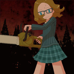 Rule 34 | 1girl, blonde hair, blue eyes, chainsaw, child, freckles, glasses, highres, hotelblue, madeline (hotelblue), original, skirt, standing, sweatdrop, sweater, tree