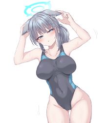 Rule 34 | 1girl, absurdres, animal ear fluff, animal ears, arms up, black one-piece swimsuit, blue archive, blue eyes, blue one-piece swimsuit, blush, breasts, collarbone, competition swimsuit, covered navel, cowboy shot, cross hair ornament, extra ears, grey hair, hair ornament, halo, hand on own ear, highres, large breasts, mismatched pupils, one-piece swimsuit, ponytail, rla13753, shiroko (blue archive), shiroko (swimsuit) (blue archive), simple background, solo, swimsuit, two-tone swimsuit, white background, wolf ears
