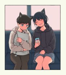 Rule 34 | 1boy, 1girl, animal ear fluff, animal ears, black eyes, black hair, cat ears, cellphone, closed eyes, closed mouth, collarbone, earphones, heart, holding, holding phone, lgbt pride, long sleeves, low ponytail, multiple boys, open mouth, original, pas (paxiti), phone, sitting, smartphone