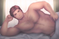 Rule 34 | 1boy, :3, abs, alternate pectoral size, arm hair, axis powers hetalia, bara, beard, bed sheet, blush, brown hair, chest hair, curtains, facial hair, hairy, highres, large pectorals, looking at viewer, lying, male focus, mature male, mono (3436234), muscular, muscular male, naked sheet, navel, nipples, nude, on bed, on side, pectorals, short hair, sideburns, smile, solo, stomach, thick eyebrows, turkey (hetalia)