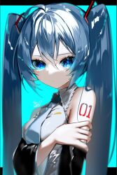 Rule 34 | 1girl, black sleeves, blue eyes, blue hair, breasts, commentary, dated, detached sleeves, expressionless, eye glitter, grey shirt, hair ornament, hand on own arm, hatsune miku, highres, long hair, looking at viewer, medium breasts, necktie, number tattoo, off shoulder, reirou (chokoonnpu), shirt, shoulder tattoo, signature, simple background, sleeveless, sleeveless shirt, solo, tattoo, thick eyelashes, twintails, vocaloid