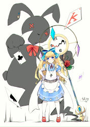 Rule 34 | 1girl, alice (alice in wonderland), alice in wonderland, apron, blonde hair, blue bow, blue dress, blue eyes, bow, card, cheshire cat (alice in wonderland), chita (ketchup), clock, closed mouth, club (shape), commentary request, crystal, dress, elbow gloves, flower, frilled apron, frills, gloves, hair bow, head tilt, heart, highres, holding, kneehighs, long hair, mary janes, playing card, puffy short sleeves, puffy sleeves, red flower, red footwear, red rose, rose, shoes, short sleeves, signature, simple background, smile, socks, solo, spade (shape), standing, stuffed animal, stuffed rabbit, stuffed toy, very long hair, white apron, white background, white gloves, white socks
