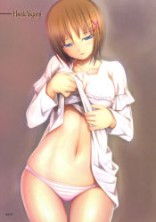 Rule 34 | 00s, 1girl, absurdres, blue eyes, breasts, brown hair, clothes lift, embarrassed, hair ornament, hairclip, highres, hip focus, large breasts, lingerie, lyrical nanoha, mahou shoujo lyrical nanoha, mahou shoujo lyrical nanoha strikers, midriff, mikazuki akira!, navel, nightgown, panties, pink panties, shirt lift, short hair, solo, standing, striped clothes, striped panties, thigh gap, thighs, underwear, wide hips, x hair ornament, yagami hayate