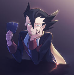 Rule 34 | 1boy, black hair, black jacket, card, commentary request, creatures (company), game freak, grimsley (pokemon), hair between eyes, half-closed eyes, hand on own cheek, hand on own face, highres, holding, holding card, jacket, long sleeves, looking at viewer, male focus, momoji (lobolobo2010), nintendo, parted lips, pokemon, pokemon bw, scarf, solo, teeth, yellow scarf
