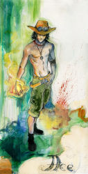 Rule 34 | 1boy, belt, character name, fighting stance, fire, full body, hat, jewelry, male focus, necklace, one piece, painting (medium), portgas d. ace, topless male, shorts, solo, stampede string, standing, traditional media, watercolor (medium)