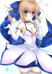 Rule 34 | 1girl, acrylic paint (medium), ahoge, alternate costume, artoria pendragon (all), artoria pendragon (fate), bare shoulders, blonde hair, blush, bow, breasts, capcom, choker, cleavage, collarbone, dress, elbow gloves, fate/stay night, fate/unlimited codes, fate (series), female focus, gloves, gradient background, green eyes, hair bow, lace, lace-trimmed legwear, lace trim, looking at viewer, marker (medium), painting (medium), pastel (medium), ponytail, saber (fate), saber (pure night dress) (fate), saber lily, shinonome86, smile, solo, strap lift, thighhighs, traditional media, white background, white thighhighs