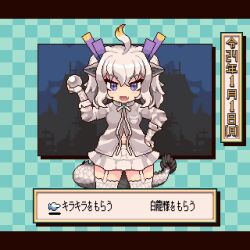 Rule 34 | 1girl, animal ears, animated, bow, bowtie, dragon girl, dragon horns, dragon tail, extra ears, garter straps, gloves, grey hair, highres, horns, kemono friends, kemono friends 3, long hair, looking at viewer, midoribox, navel, pixel art, purple eyes, shirt, simple background, skirt, solo, tagme, tail, thighhighs, translation request, video, white dragon (kemono friends)
