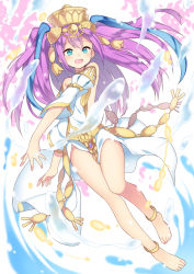 Rule 34 | 1girl, :d, anklet, bare shoulders, barefoot, blue eyes, dress, feet, hair ornament, hat, highres, jewelry, kaki s, lakshmi (p&amp;d), legs, long hair, lots of jewelry, open mouth, purple hair, puzzle &amp; dragons, smile, solo, twintails, white dress