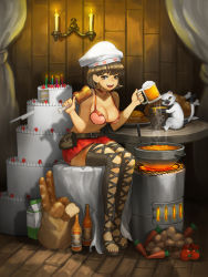 Rule 34 | 1girl, :d, belt, belt pouch, bikini, bikini top only, boned meat, boots, bottle, bread, breasts, brown eyes, brown hair, cake, candle, carrot, cat, chicken (food), choker, cleavage, collarbone, cookie, earrings, eating, food, fried chicken, fruit, full body, graphite (medium), gurimjang, heart, heart choker, heart print, highres, jewelry, kitchen knife, large breasts, leaning forward, looking at viewer, meat, mechanical pencil, milk carton, miniskirt, nail polish, open mouth, original, pasta, pencil, pink bikini, pleated skirt, pot, potato, pouch, red choker, red skirt, short hair, sitting, skirt, smile, solo, stove, strawberry, stud earrings, swimsuit, table, thigh boots, thighhighs, toenail polish, toenails, traditional media, wooden floor