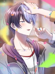 Rule 34 | 2boys, absurdres, aoyagi touya, blue eyes, blue hair, blurry, blurry background, blush, commentary request, confetti, dark blue hair, fingernails, hand on another&#039;s head, hand up, headpat, highres, jacket, jewelry, long sleeves, looking at another, male focus, multicolored hair, multiple boys, necklace, nozu63, one eye closed, open clothes, open jacket, open mouth, out of frame, project sekai, shinonome akito, short hair, split-color hair, two-tone hair, upper body